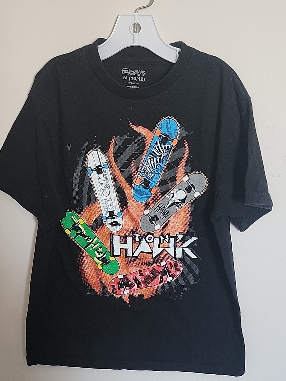 Tony Hawk Black Tee with Colorful Skateboard Graphics